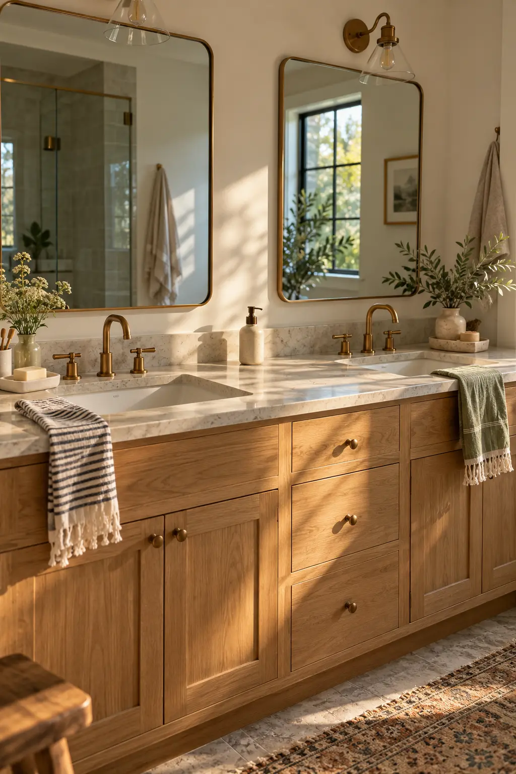 Double vanity with subtly different trays and towels for two users