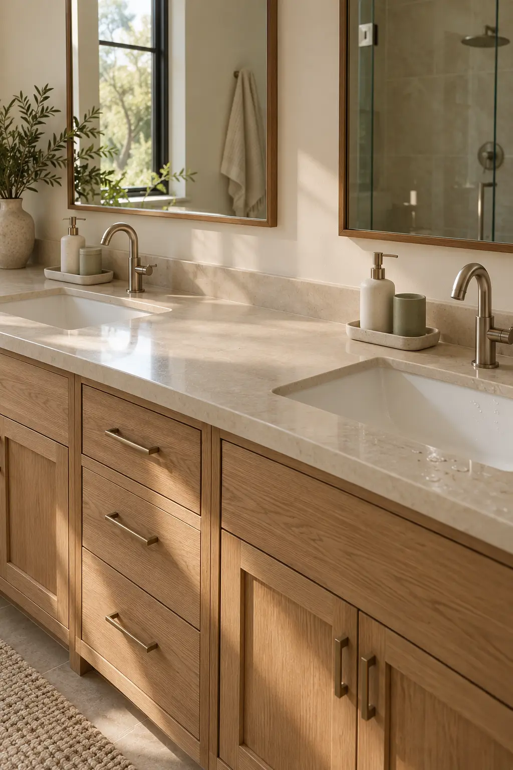 Double vanity with one small washable tray beside each sink