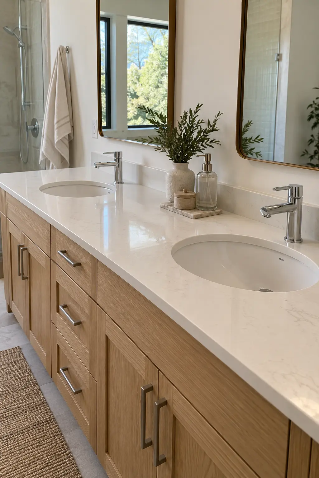 Double vanity with undermount sinks and simple single-handle faucets