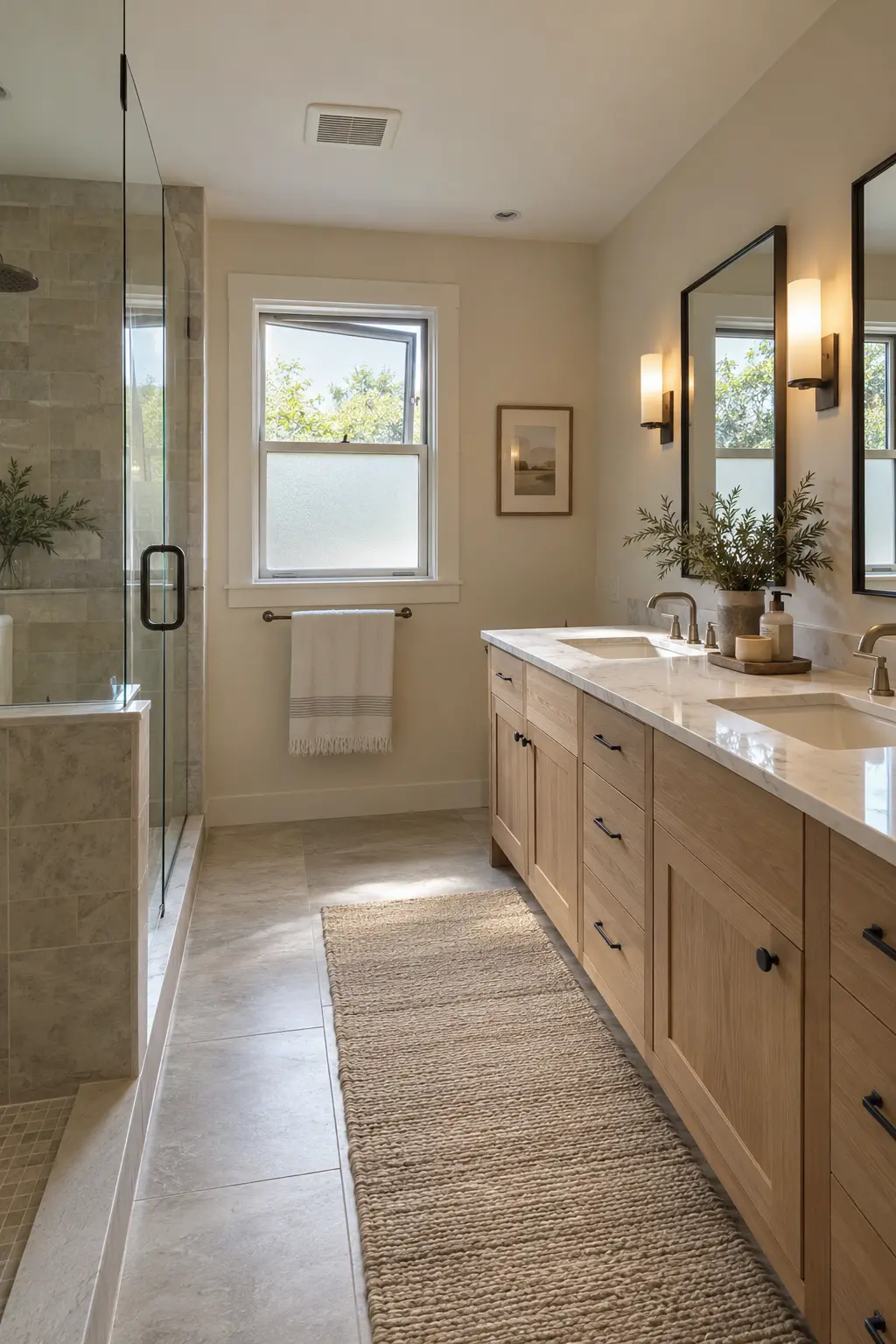 Double vanity bathroom with an exhaust fan, open window, and moisture-resistant finishes