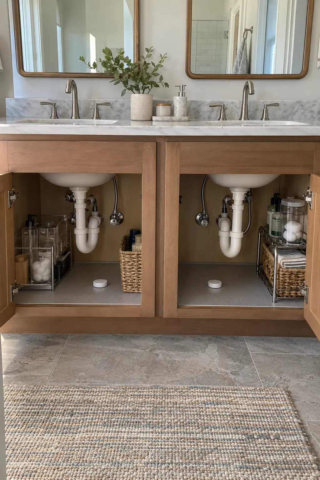 Open vanity cabinet with a compact leak sensor beside accessible plumbing