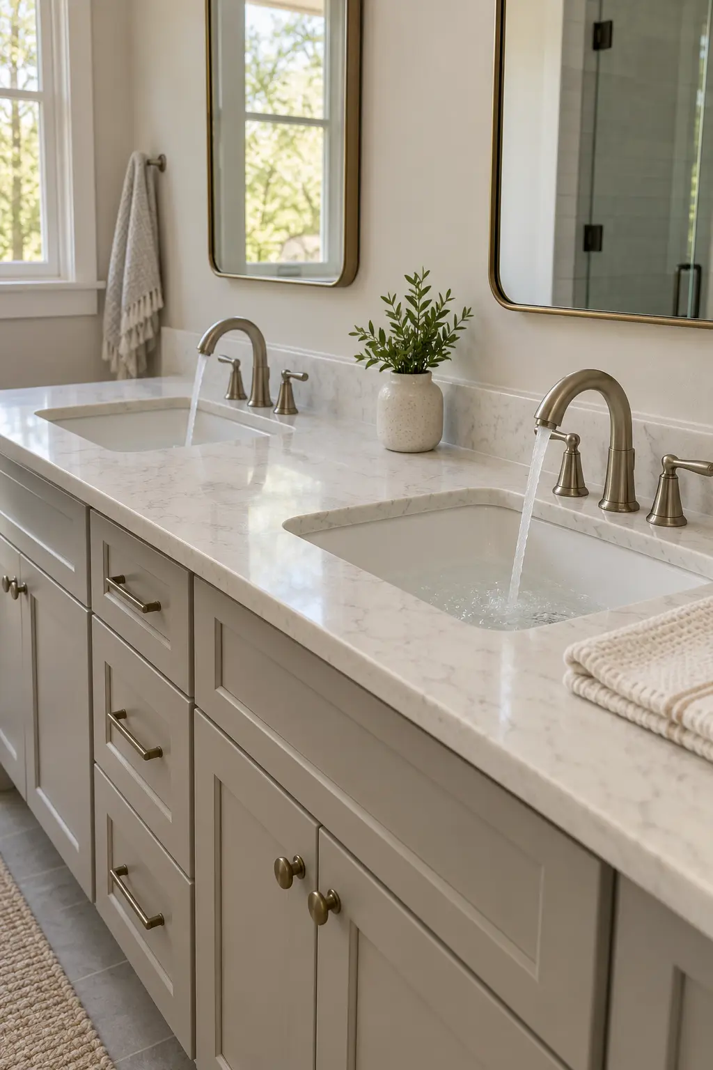 Well-maintained double vanity with clean caulk lines and dry counter edges