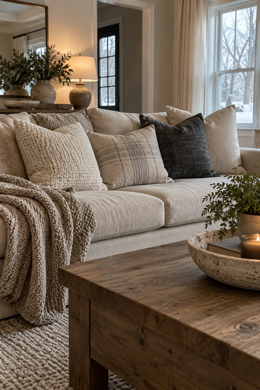 Replace Holiday Pillows With Textured Neutrals when decorating after Christmas