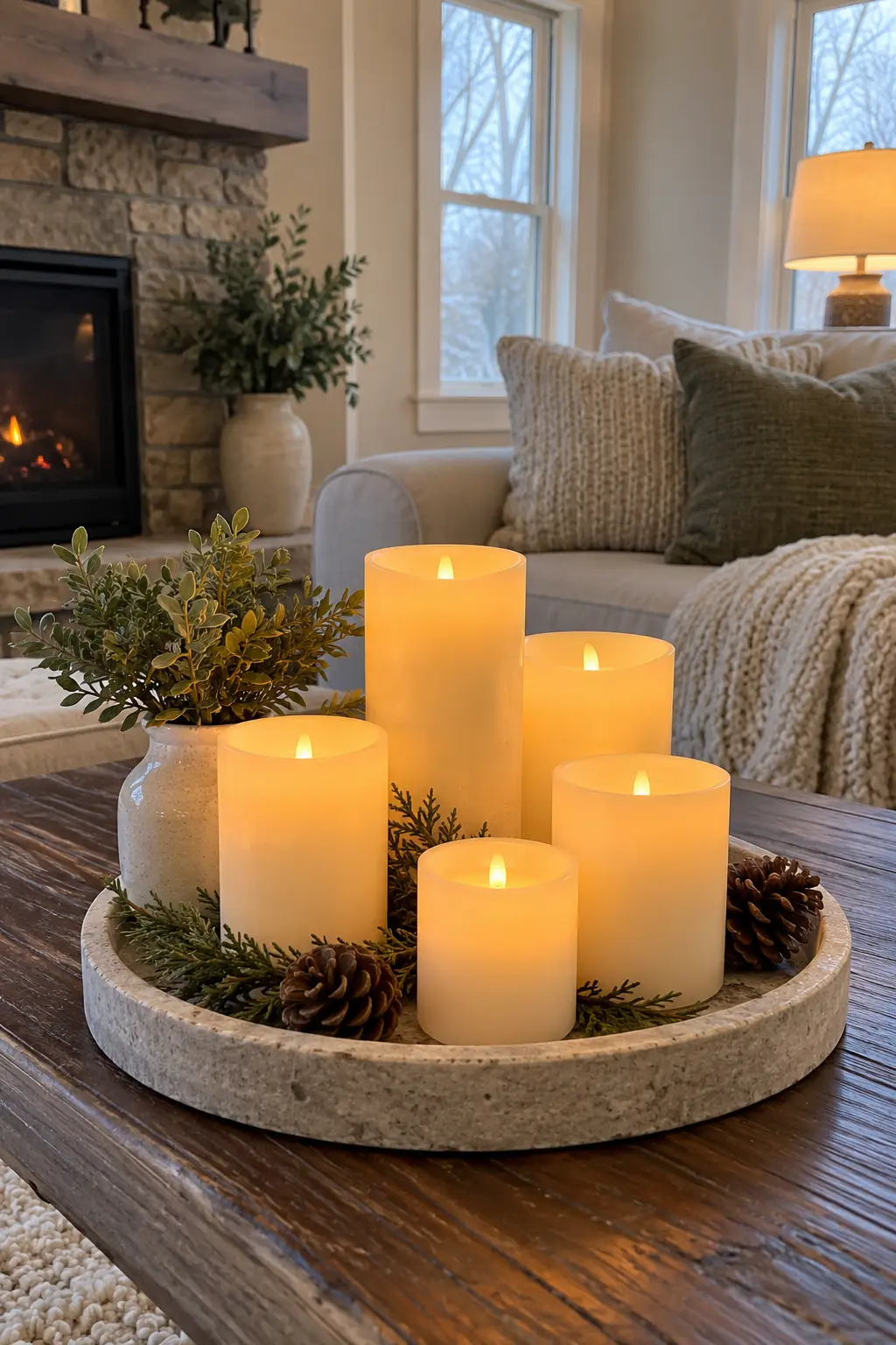 Group Flameless Candles on a Tray when decorating after Christmas