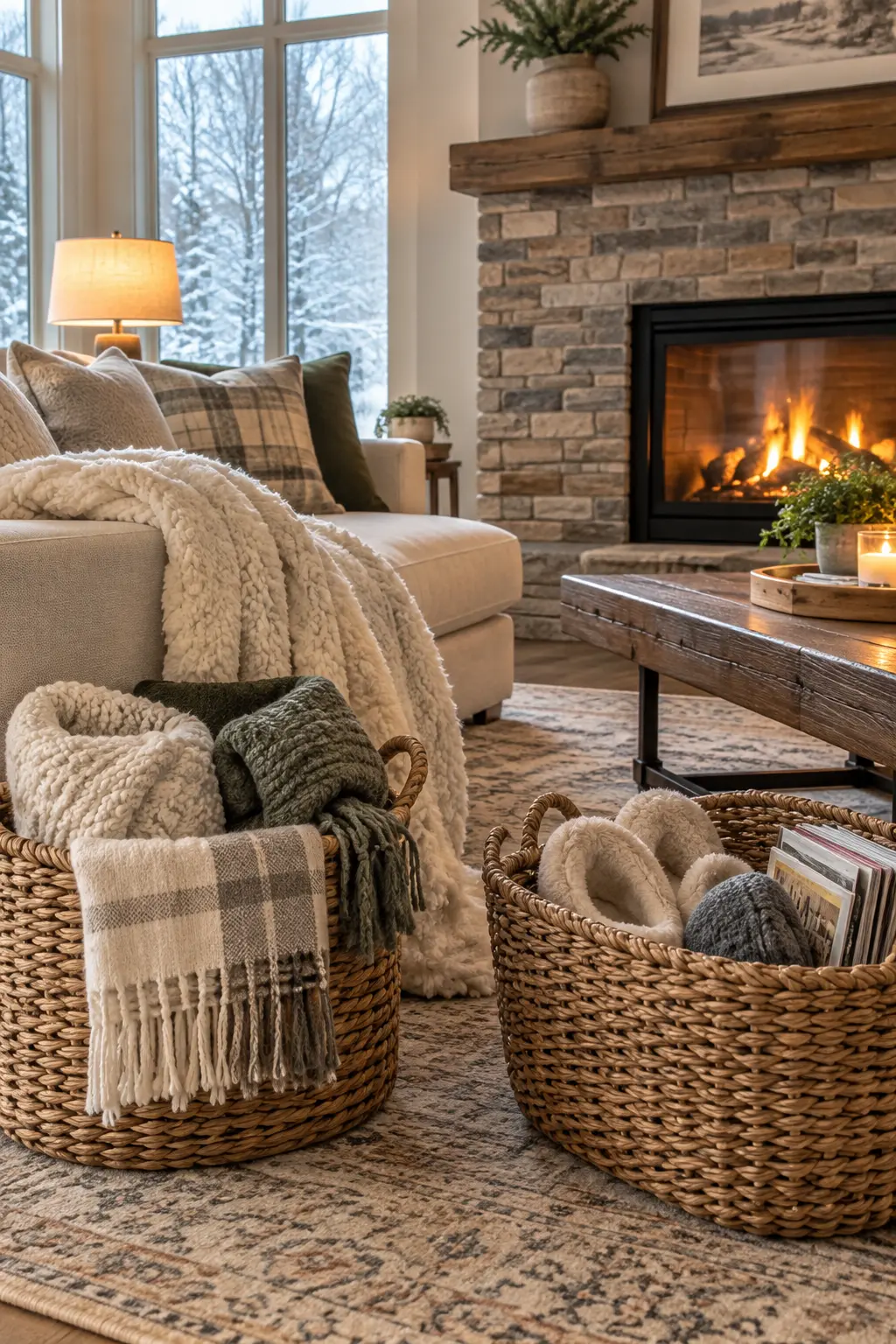 Use Baskets to Hold Extra Layers when decorating after Christmas