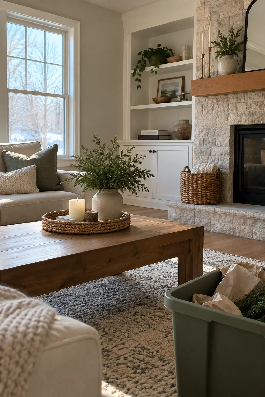 January living room with Christmas items removed and simple winter pieces retained