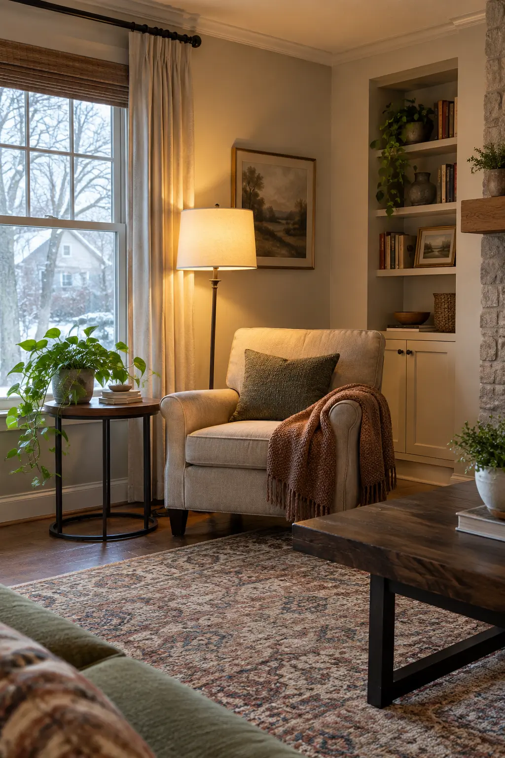Post-Christmas living room with a reading chair and lamp in the former tree corner