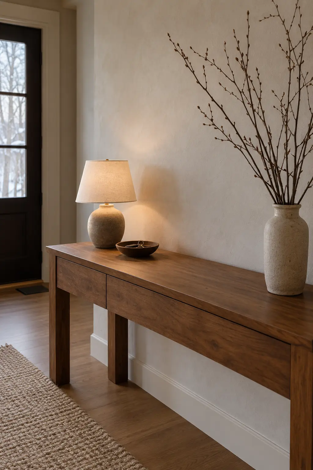 Calm January console table with one lamp, bowl, and bare branches
