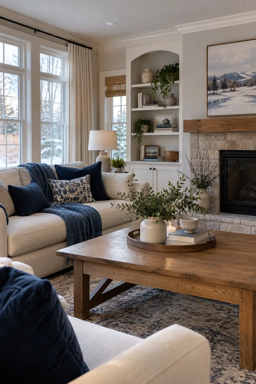 January living room with deep blue pillows and neutral winter textiles