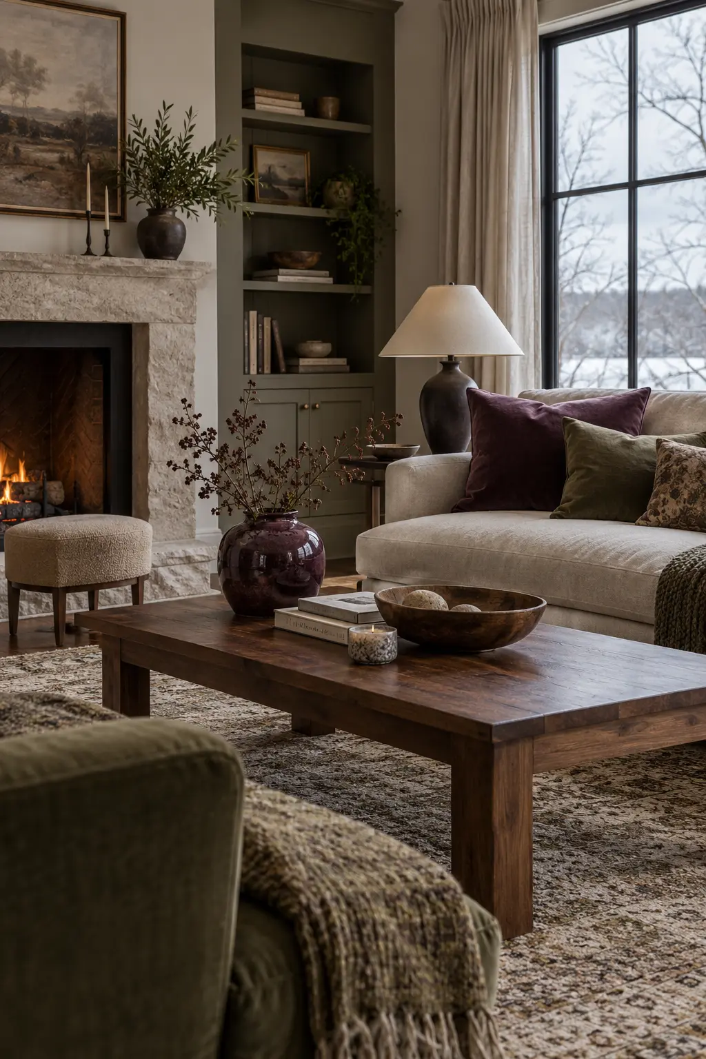 Winter living room with restrained plum accents and warm neutral furniture