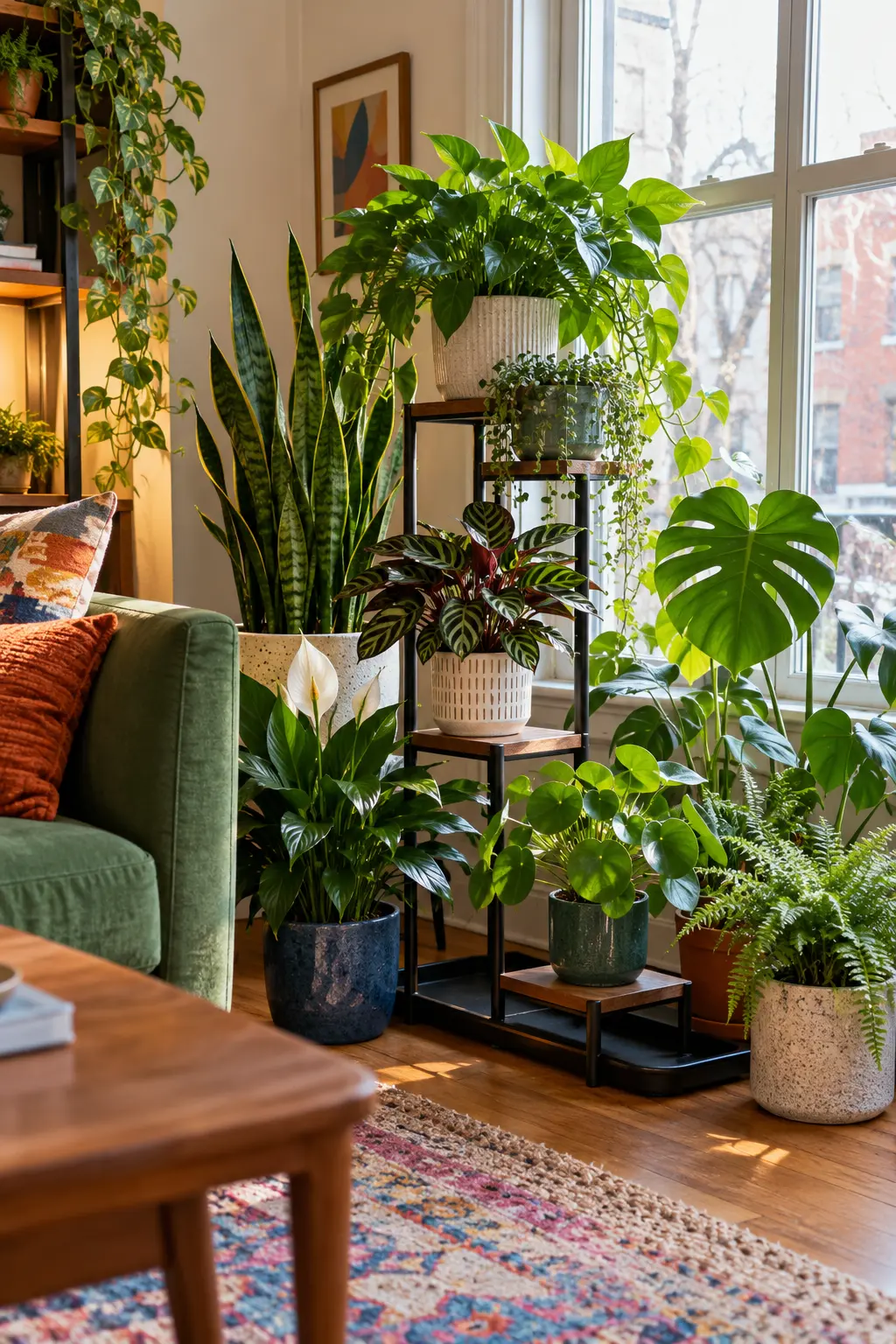 January home with healthy houseplants regrouped near winter windows