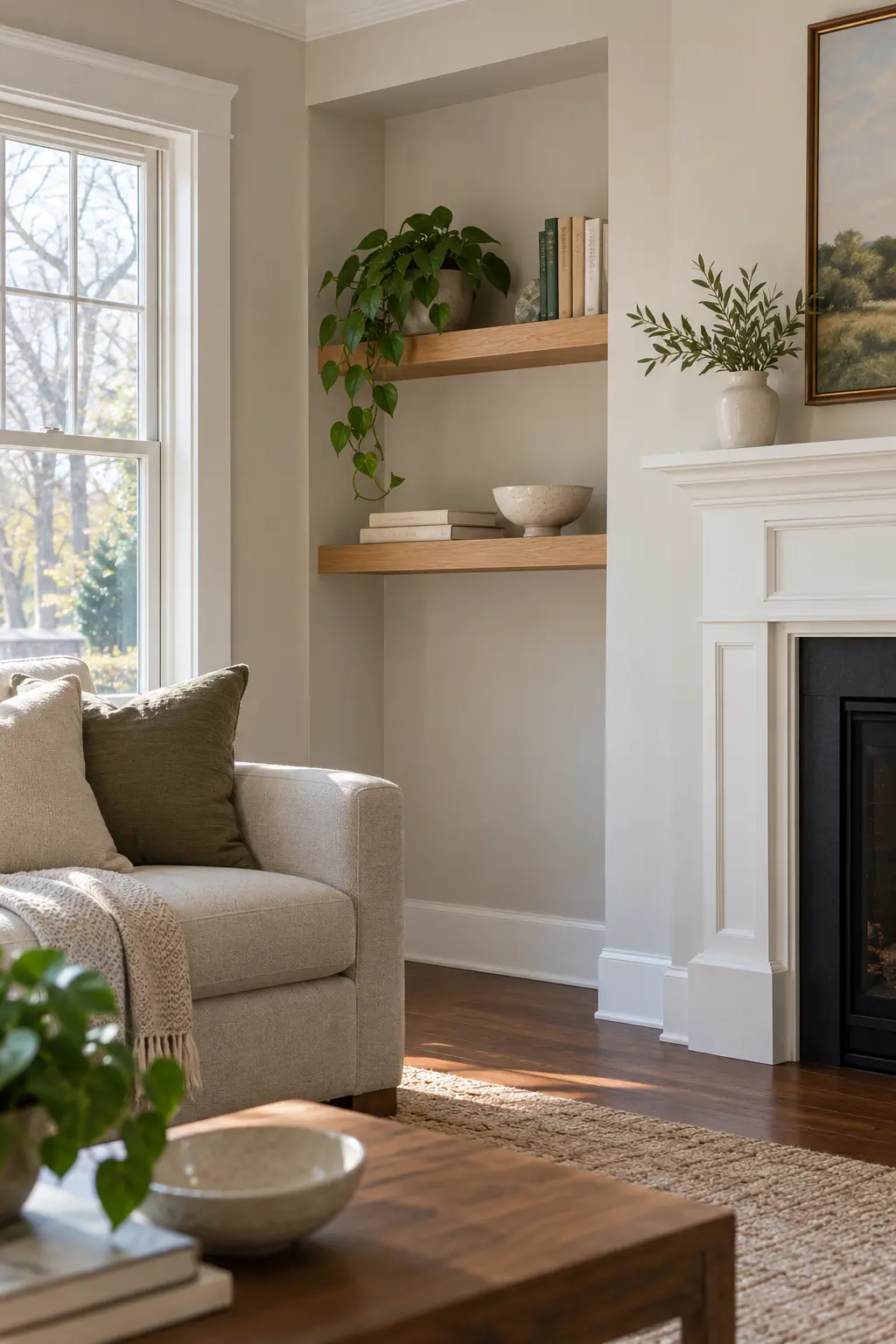 Fresh January room with touched-up trim and a simply styled shelf