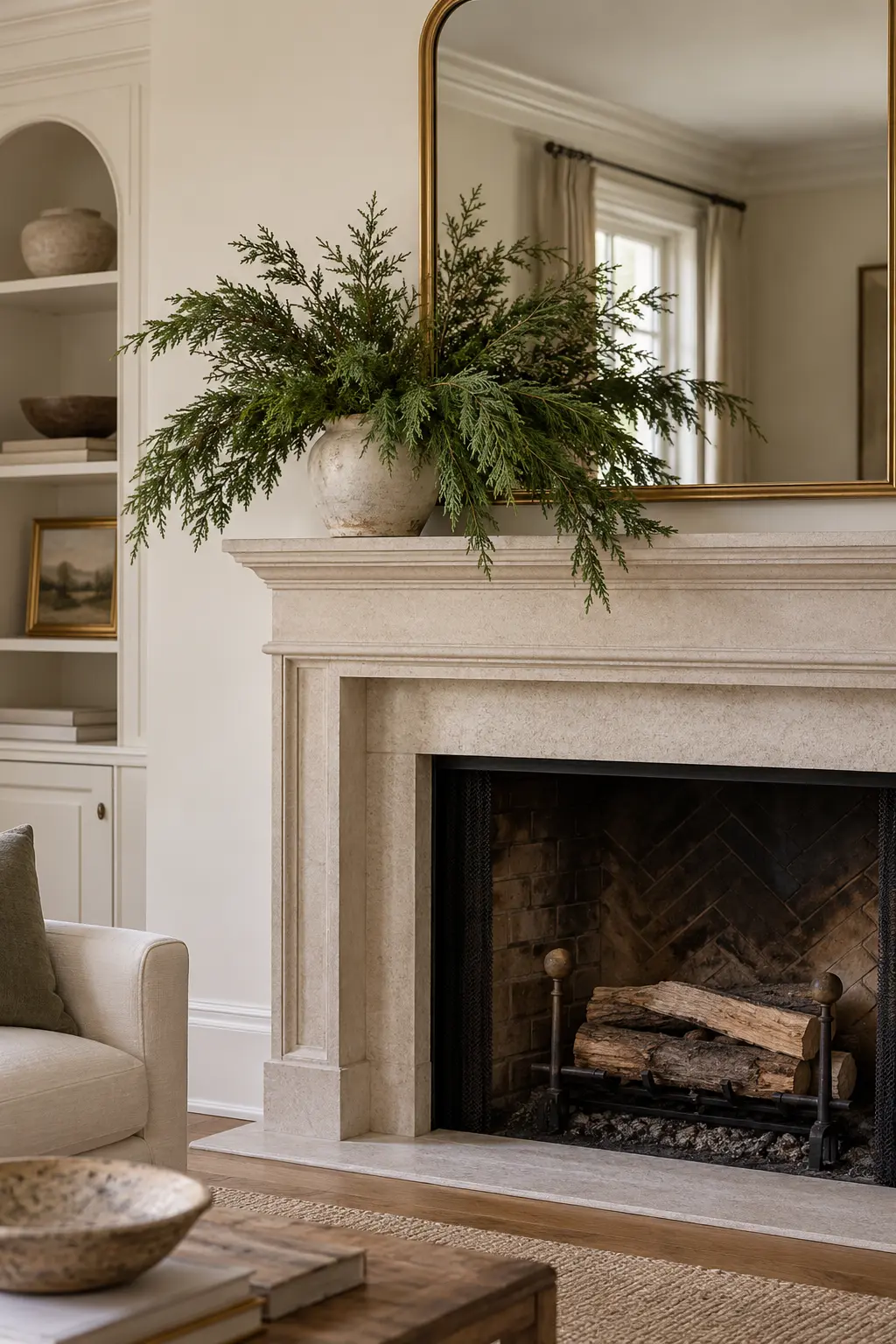 January mantel with plain evergreen branches and no ornaments or ribbon