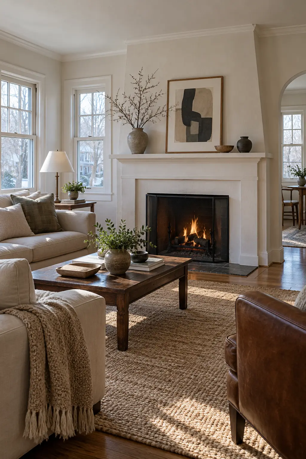 January fireplace mantel with tall bare branches and simple ceramics