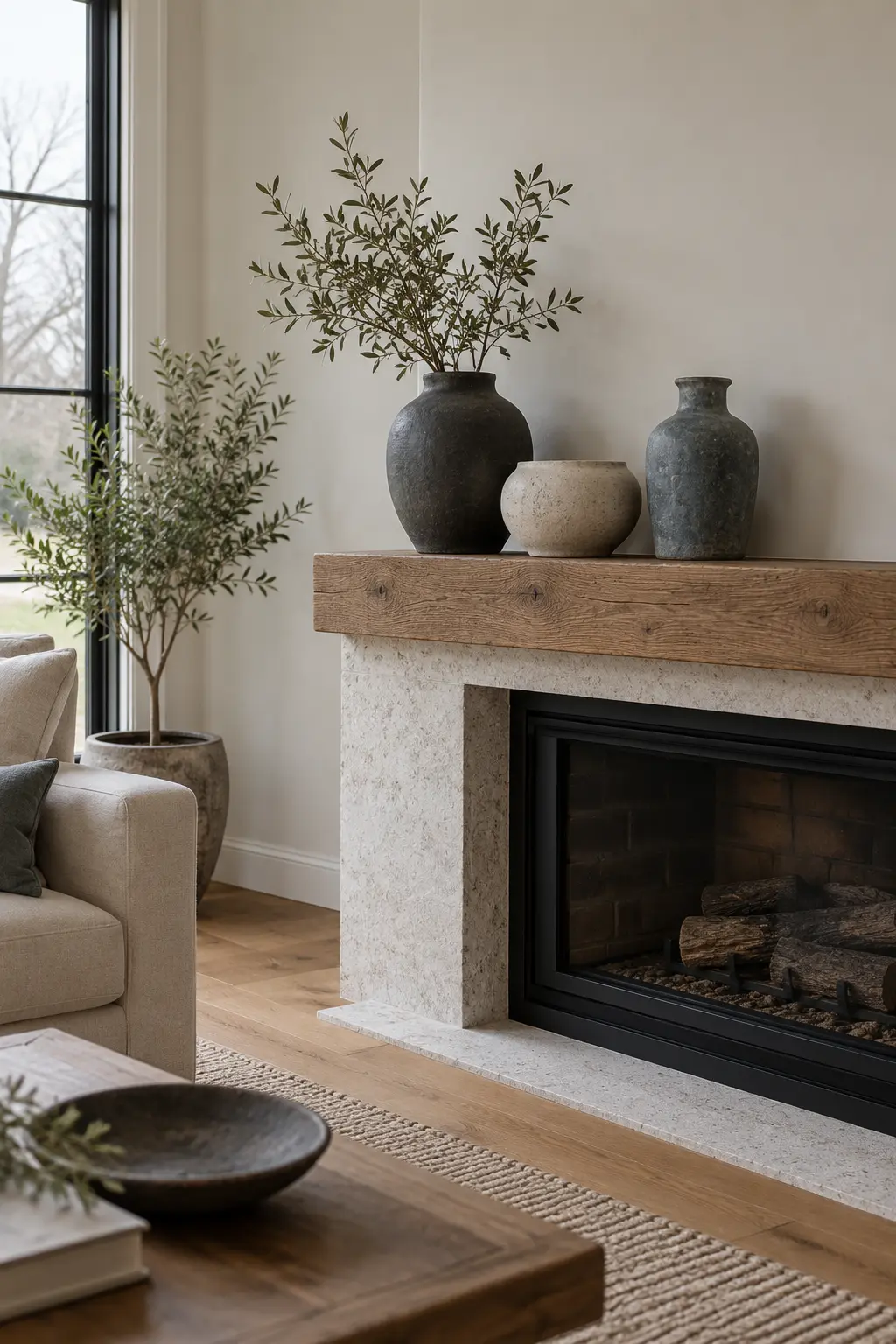 Post-Christmas mantel with low ceramic vessels and restrained winter styling