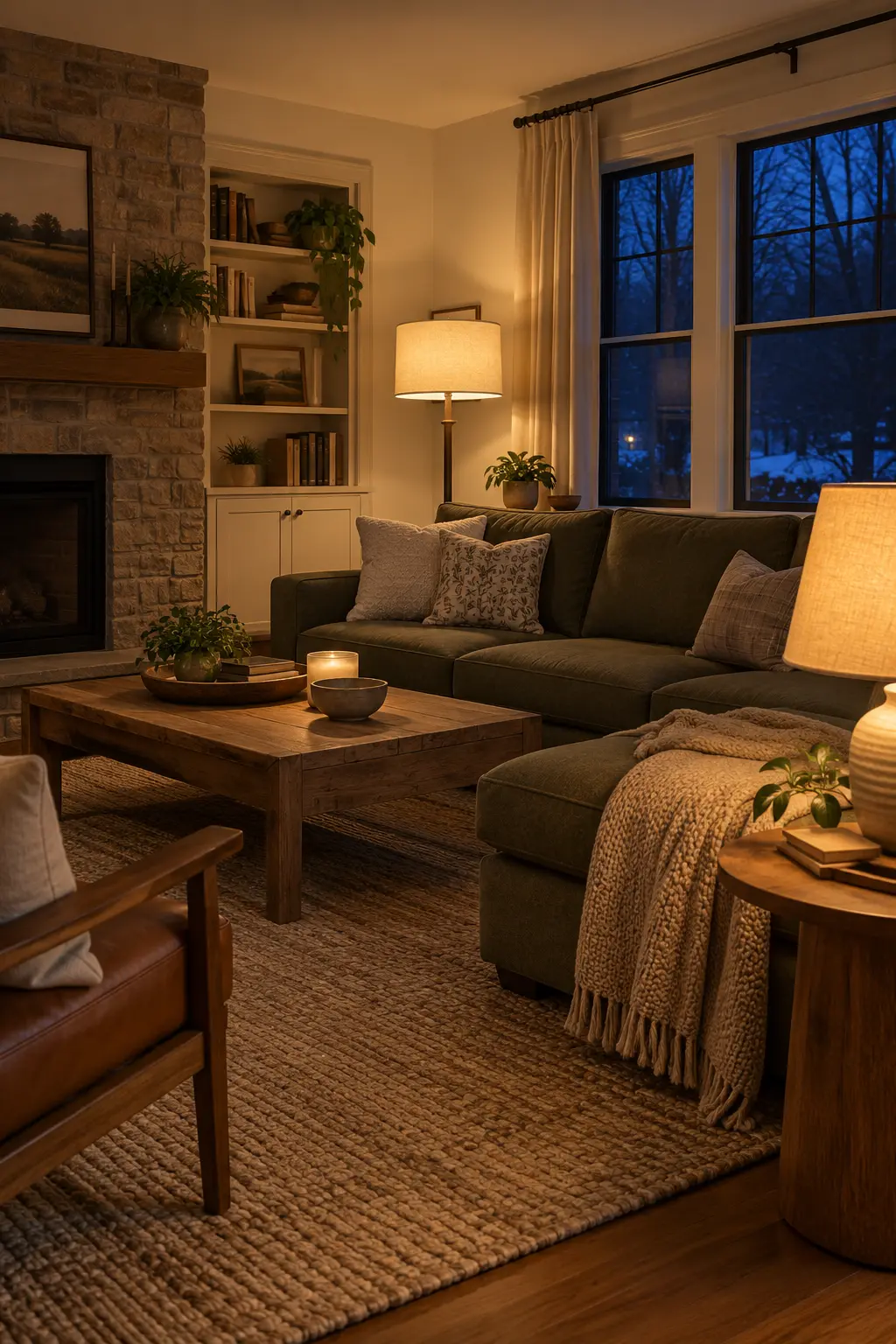 January living room lit by table lamps and a floor lamp at dusk