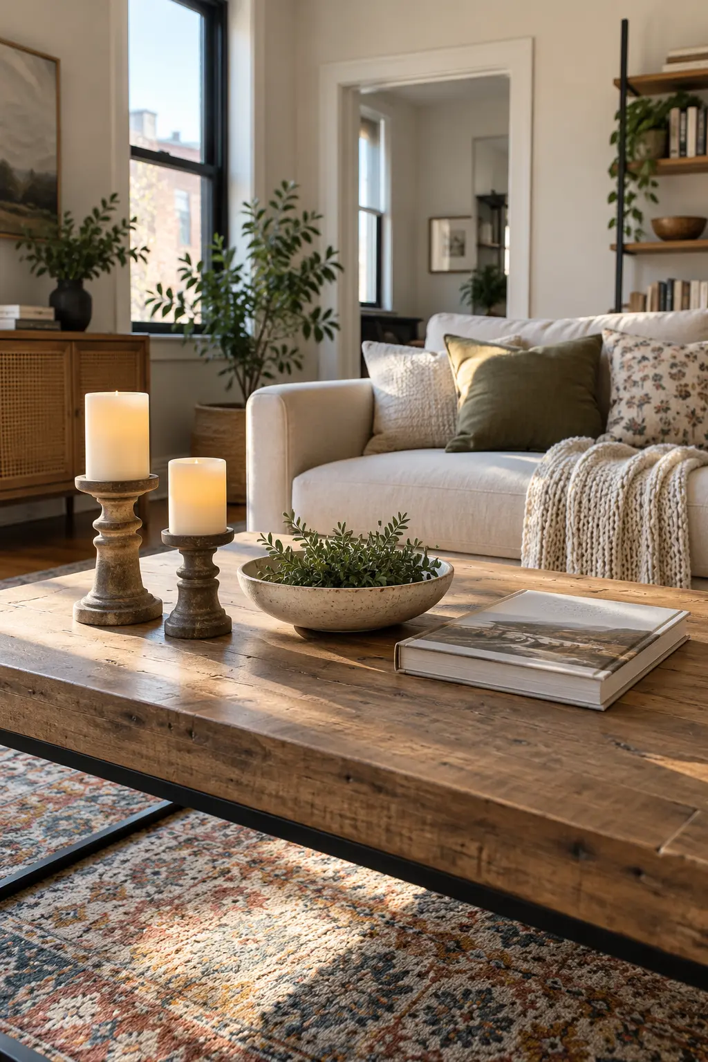 Coffee table with simple candleholders and no Christmas decorations