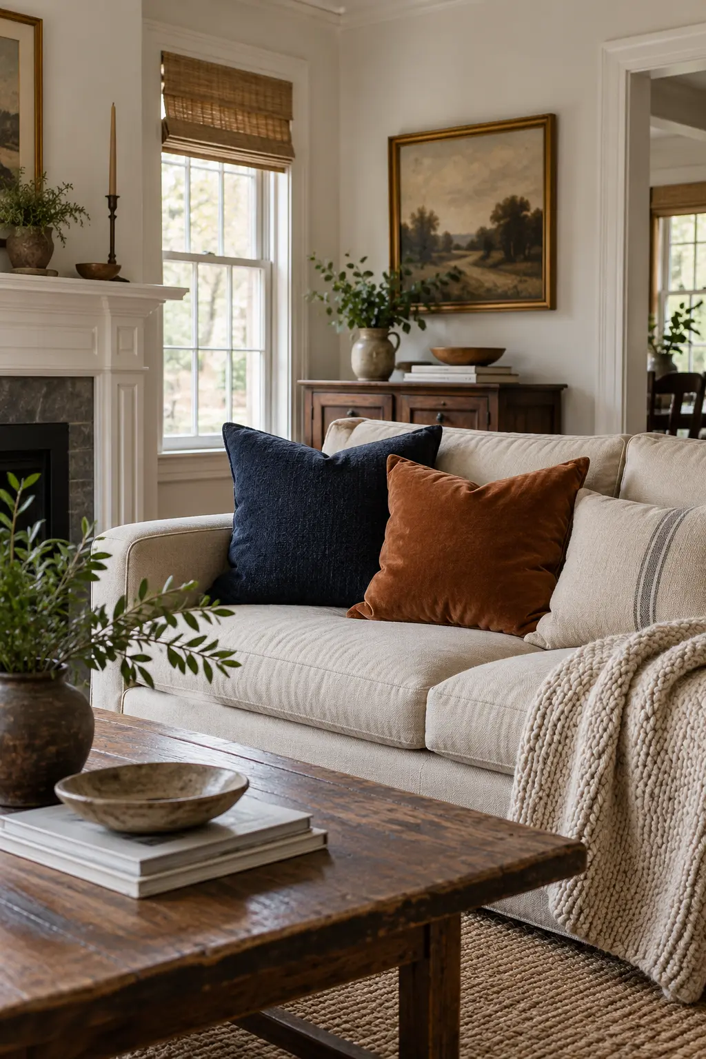 Colorful January sofa layered with wool, velvet, and linen textiles