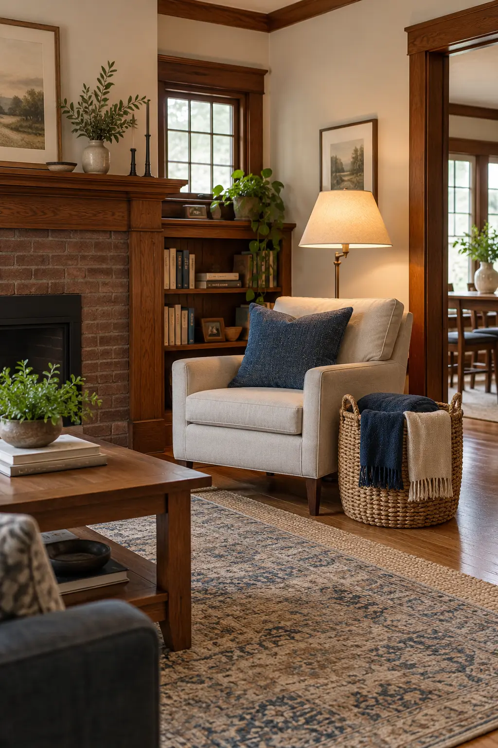 Living room basket holding practical folded winter throws