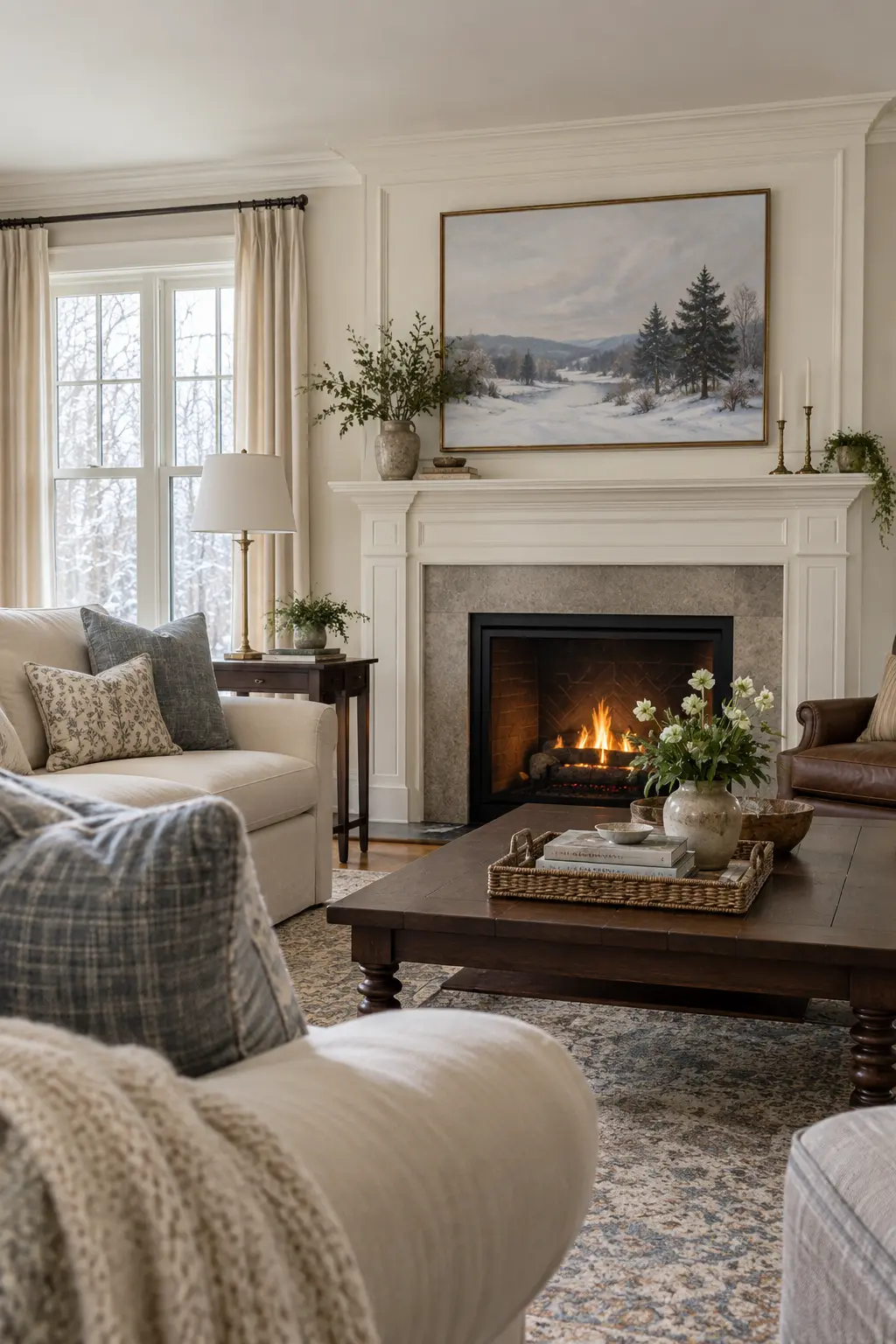 Living room with one understated winter landscape above the mantel