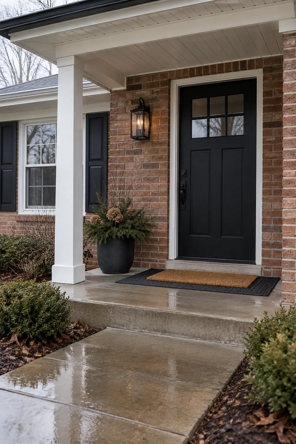 January front porch with a plain coir mat over a charcoal outdoor rug