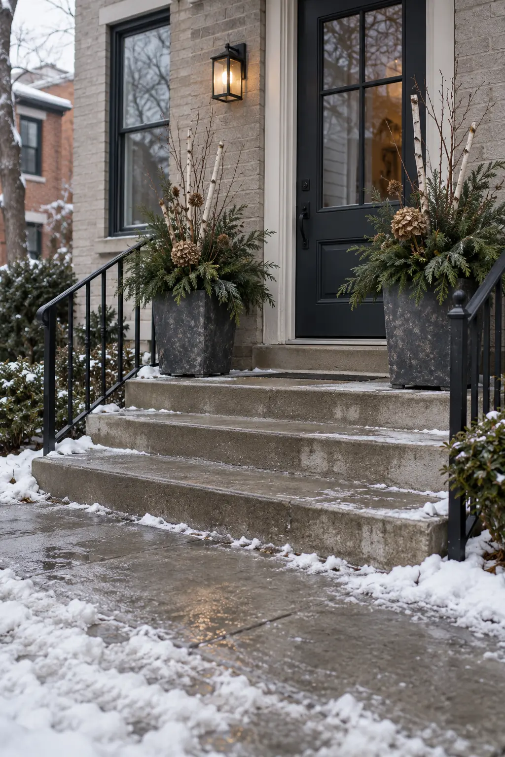 Winter porch planters with evergreen branches and pale birch stems, no Christmas bows
