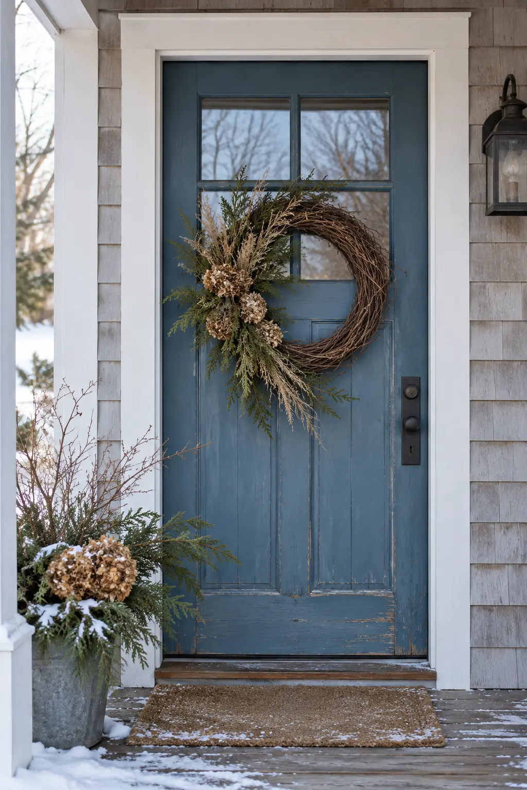 Front door with a simple grapevine wreath and restrained winter greenery