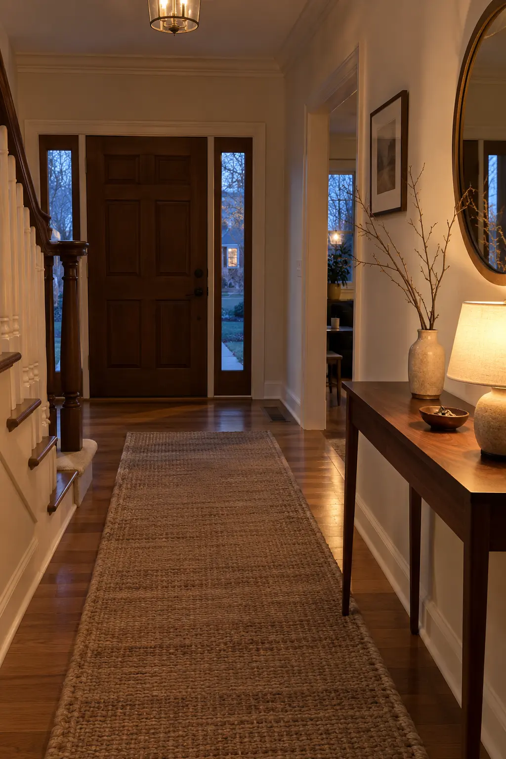 January entry console with a small lamp and a bowl for keys