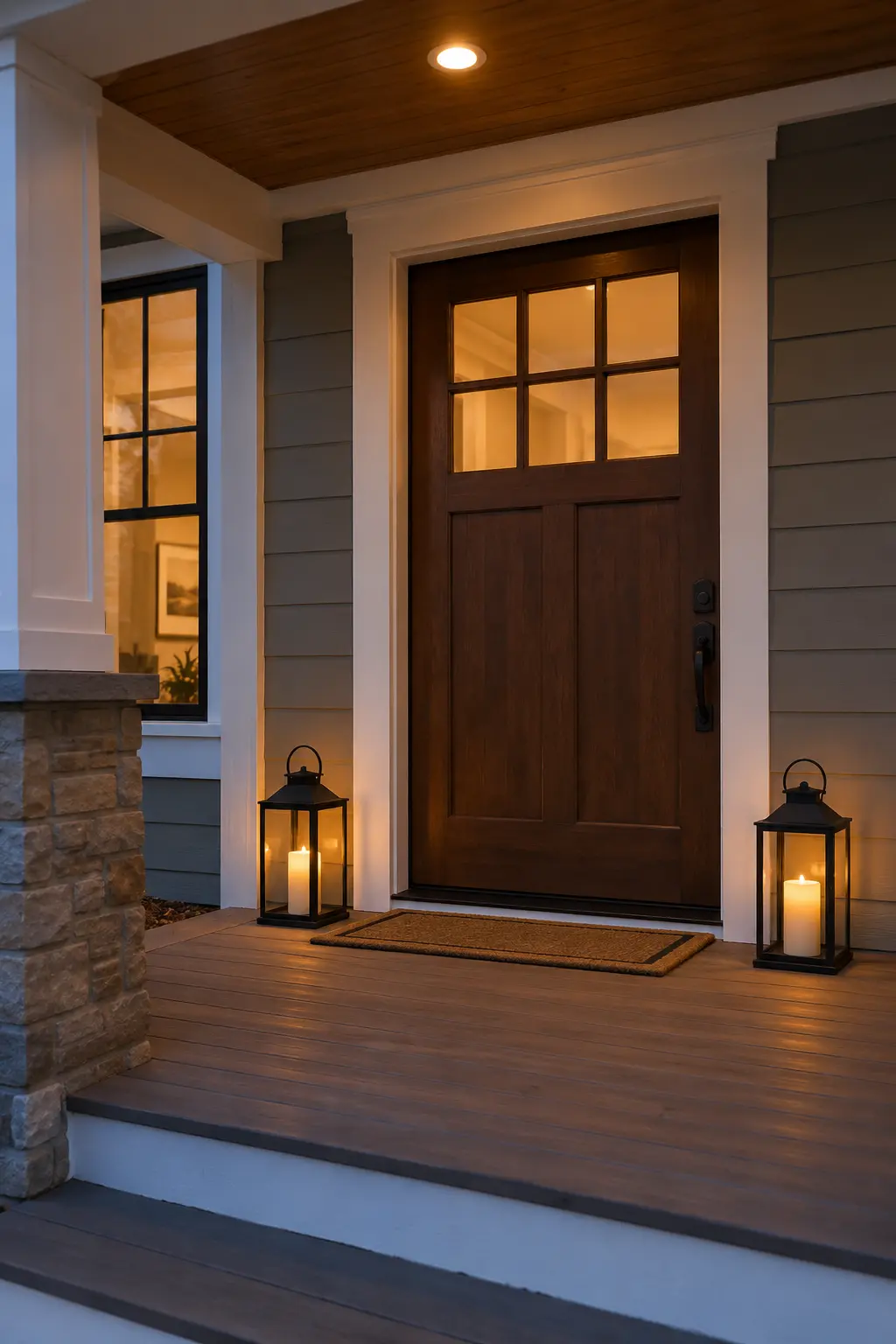 Winter porch with plain lanterns and battery candles, no ornaments