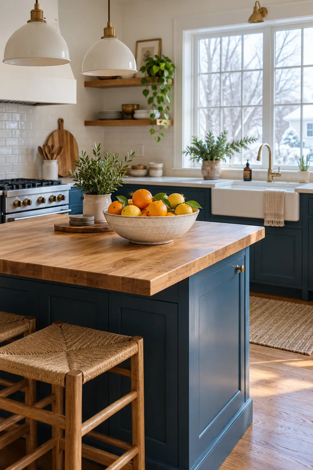 January kitchen island with a simple bowl of oranges and lemons