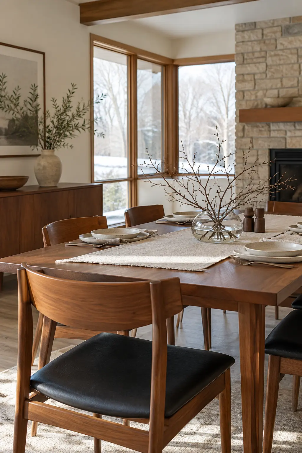 Dining table with a low bare-branch winter centerpiece