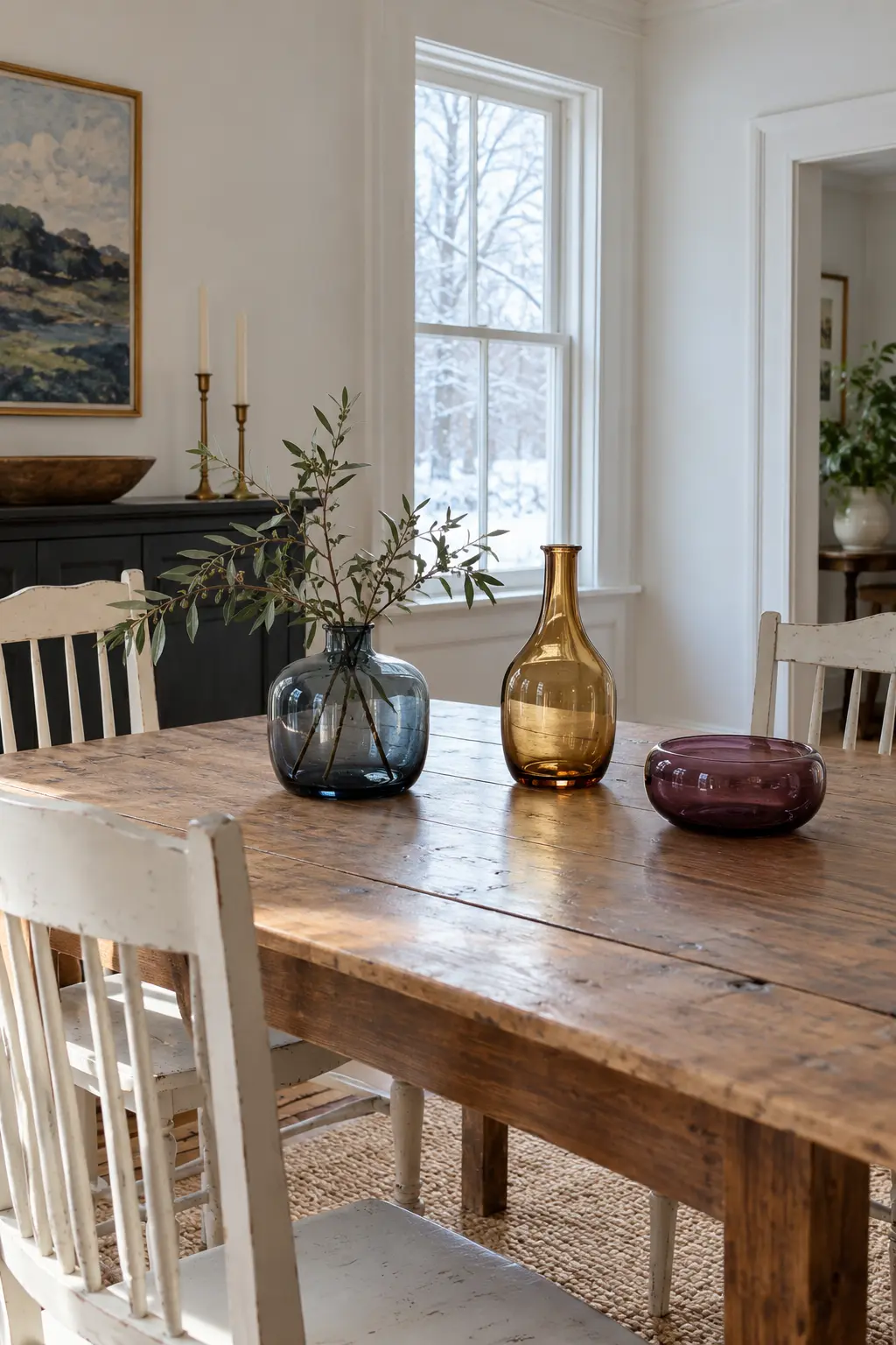 Winter dining table with restrained blue and amber glassware