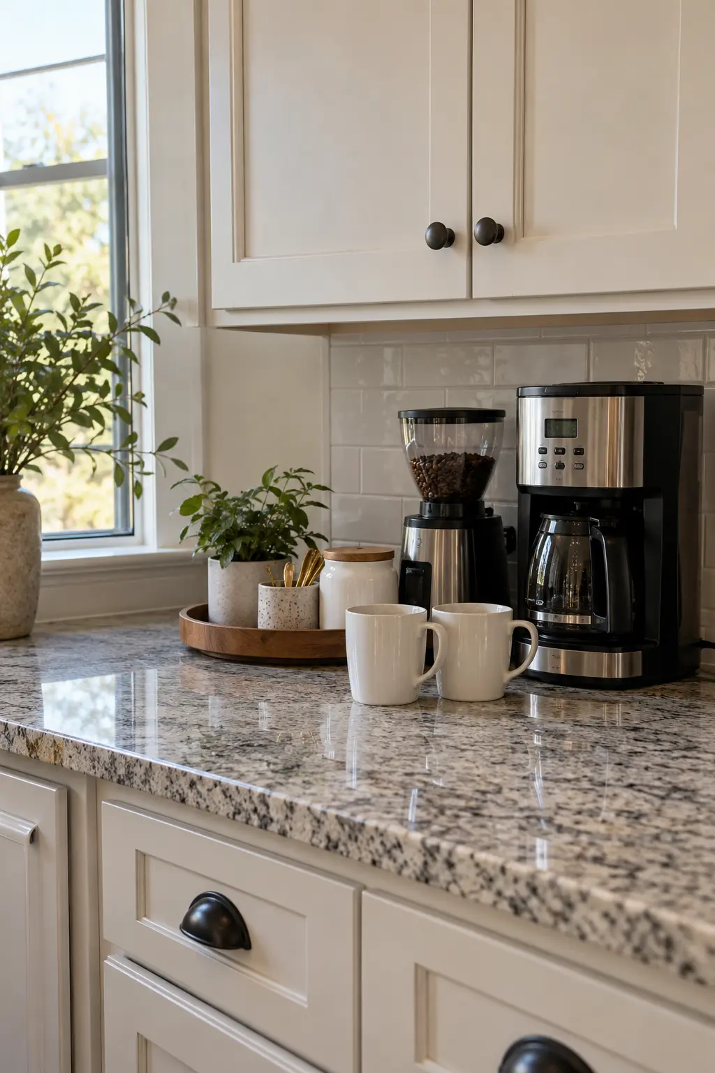 January kitchen coffee station cleared of Christmas mugs and decorations