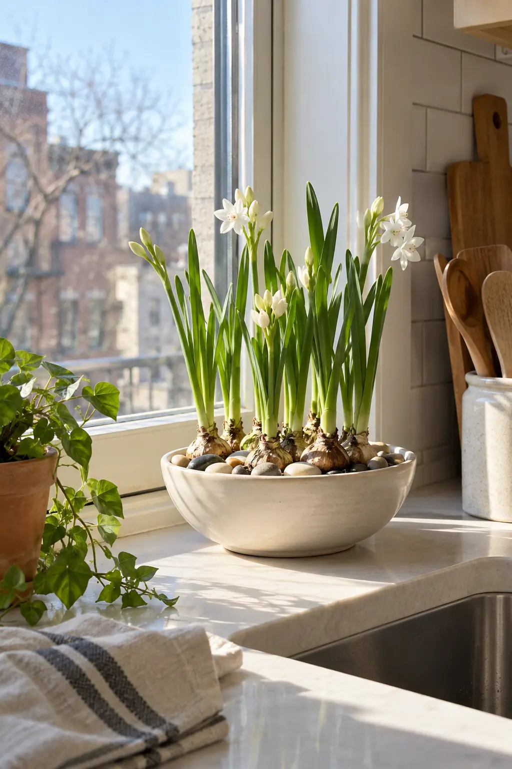 January tabletop with emerging indoor bulbs in a simple ceramic bowl