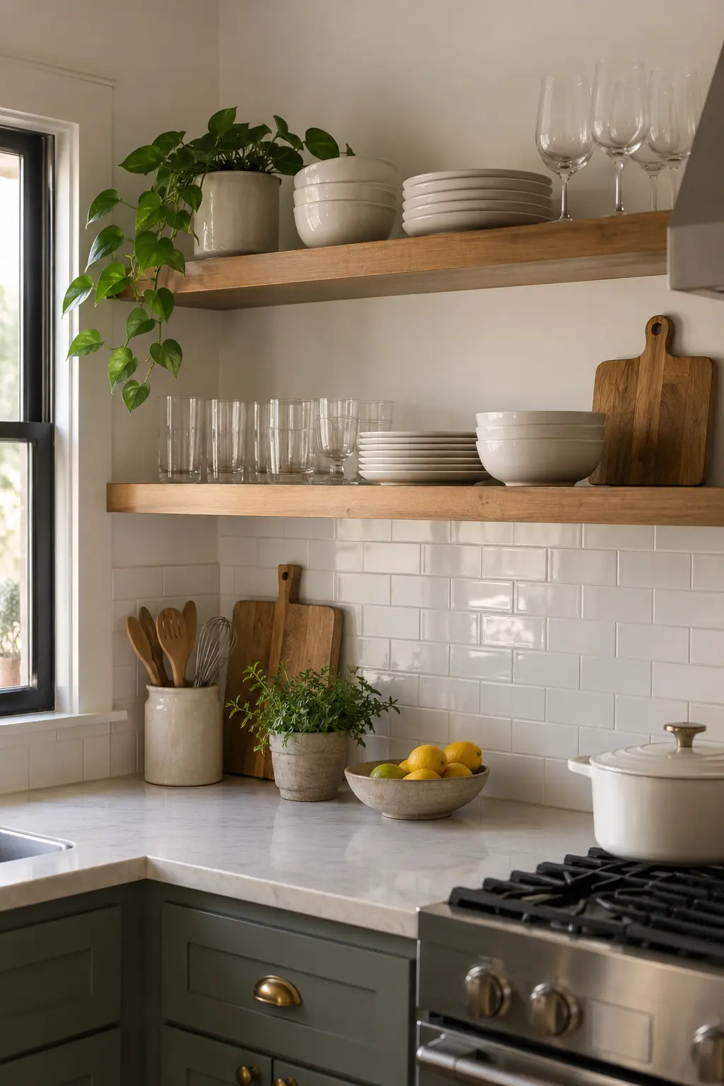 January kitchen shelves edited to everyday dishes and one plant