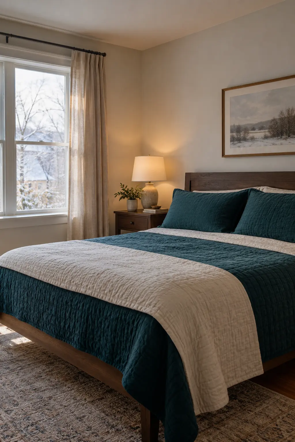 January bedroom layered in deep teal and warm oatmeal bedding