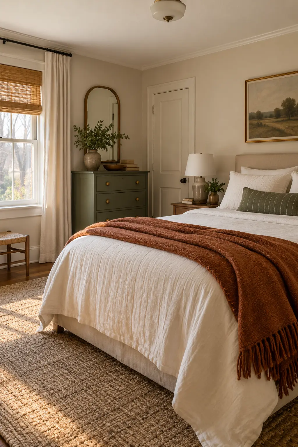 Simple January bedroom with a washable wool-look throw at the foot of the bed