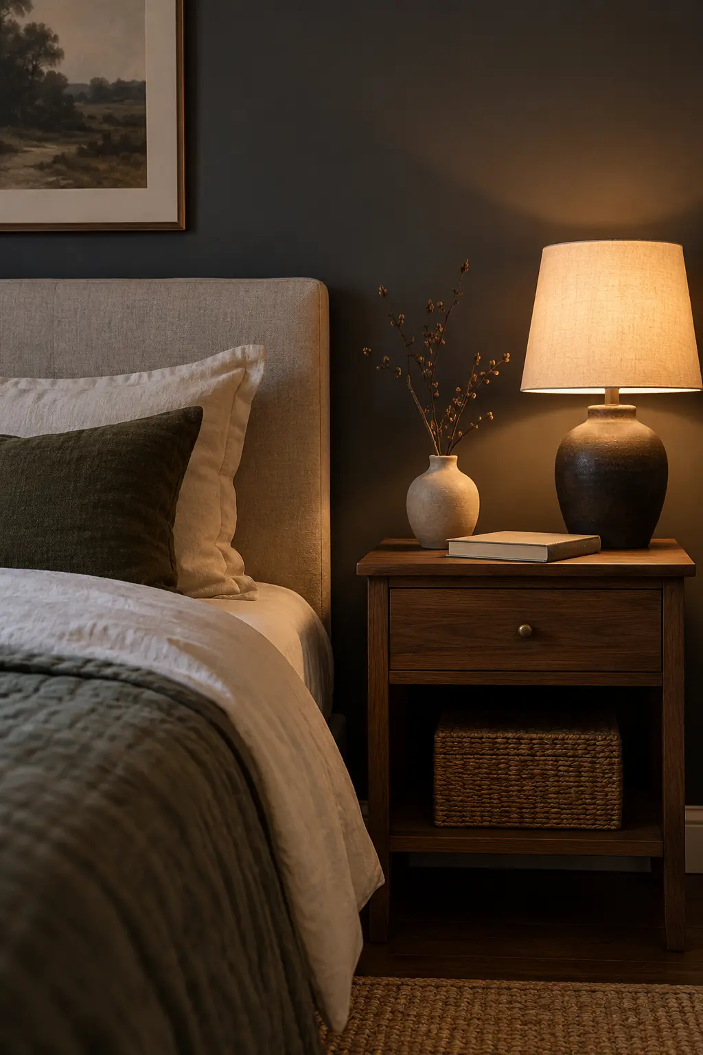 Bedside table with a small bare branch arrangement and reading lamp