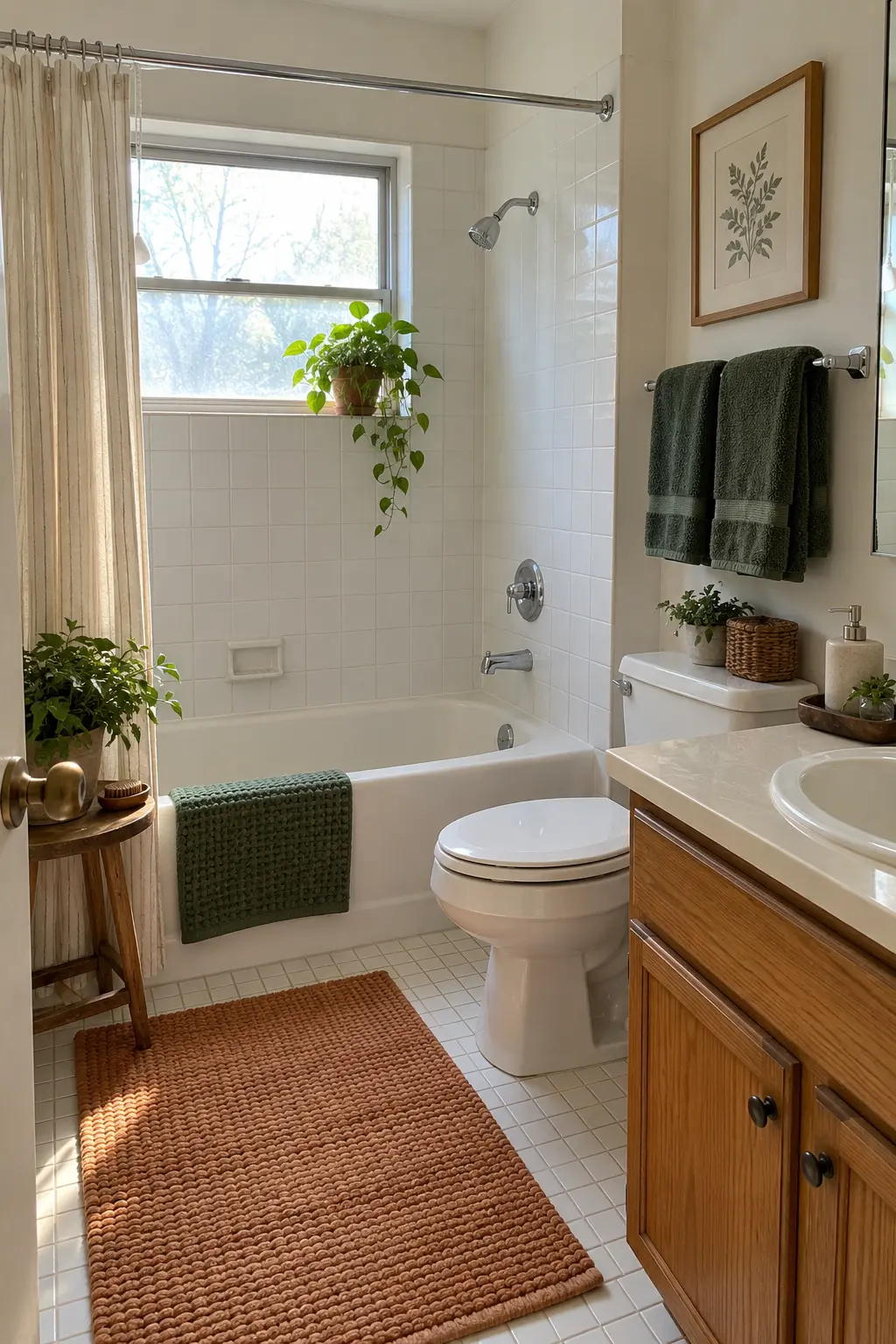 January bathroom with deep green towels and simple neutral surfaces