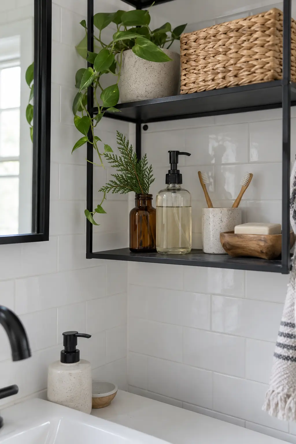 Bathroom shelf with a small plain cedar sprig in a ceramic vase