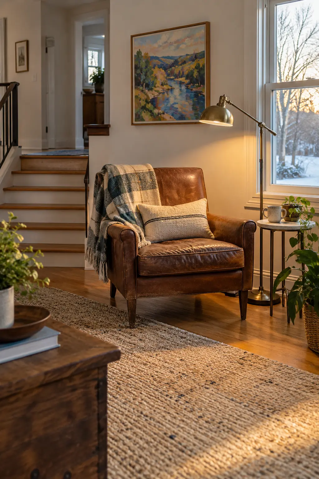Bedroom reading corner with chair, lamp, colorful throw, and side table