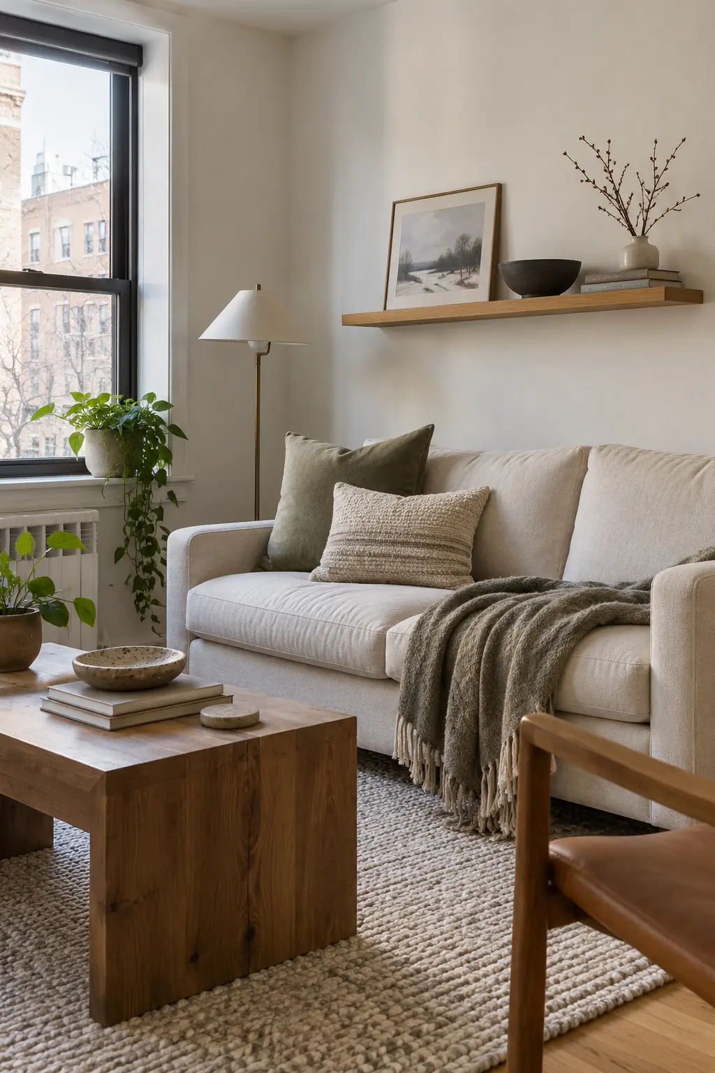 Small apartment with one floating shelf styled for January