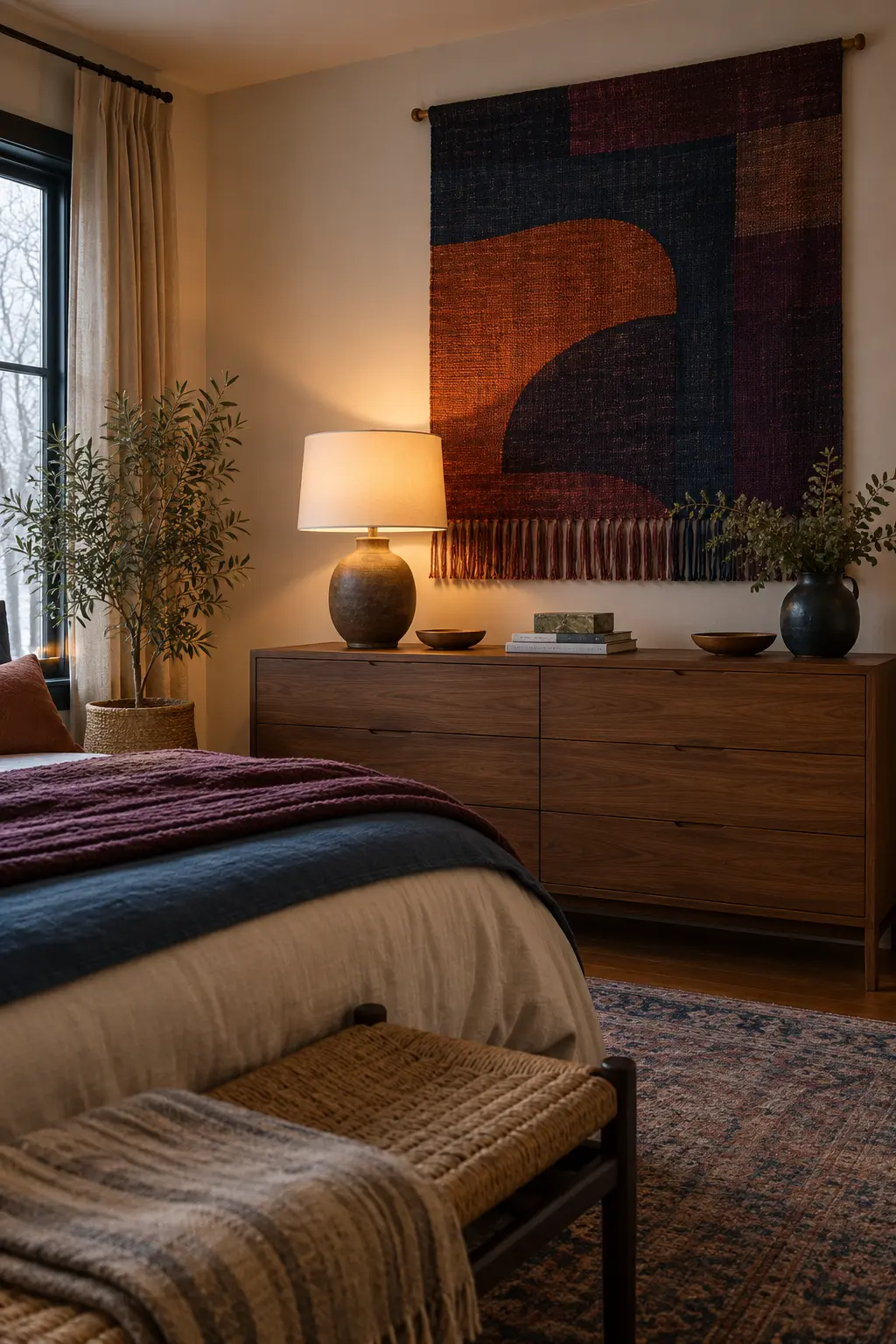 Compact apartment with a woven wall textile in winter colors