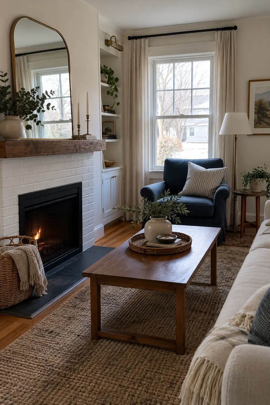 Small January living room with a mirror reflecting window light