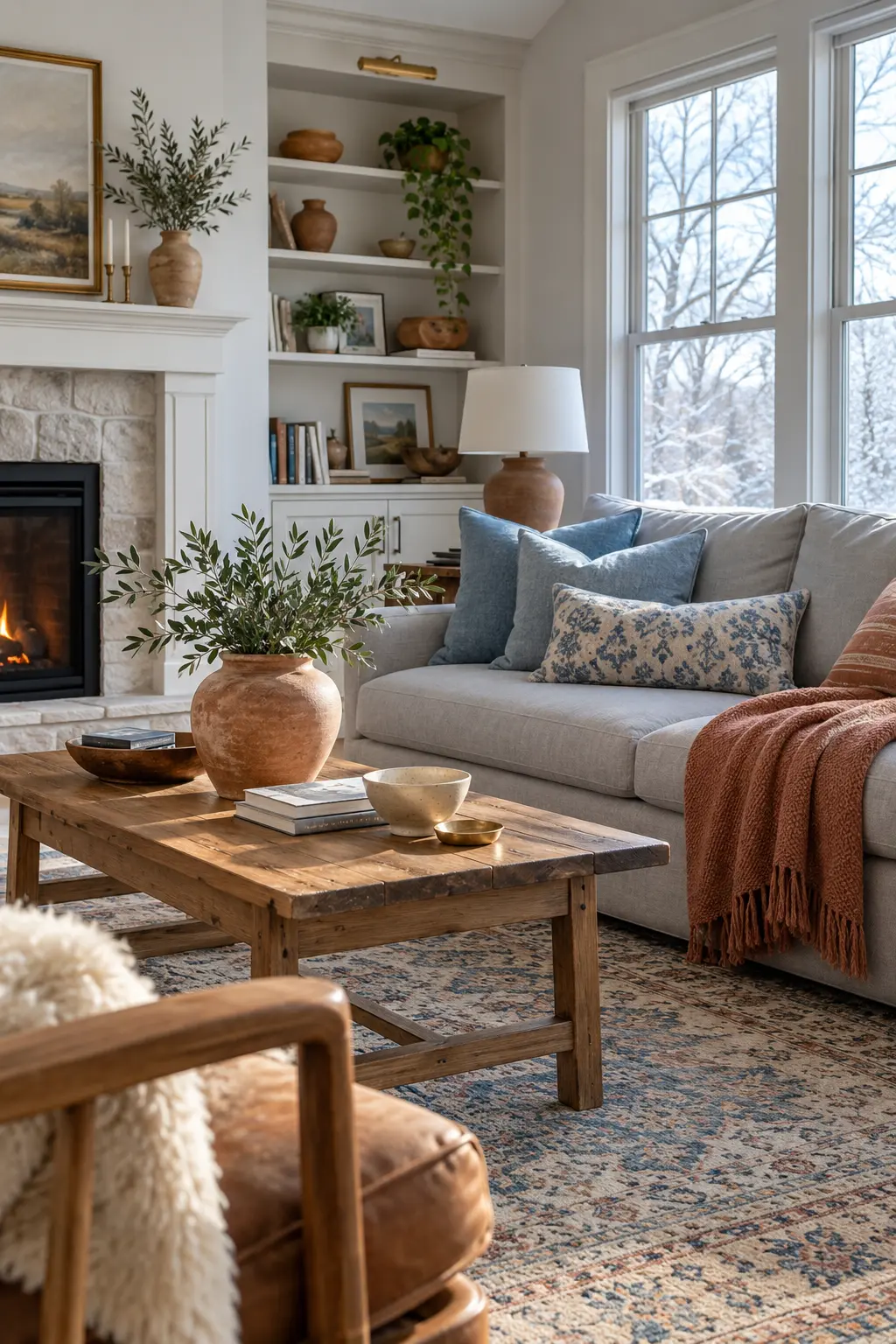 Small living room decorated in icy blue and terracotta for January