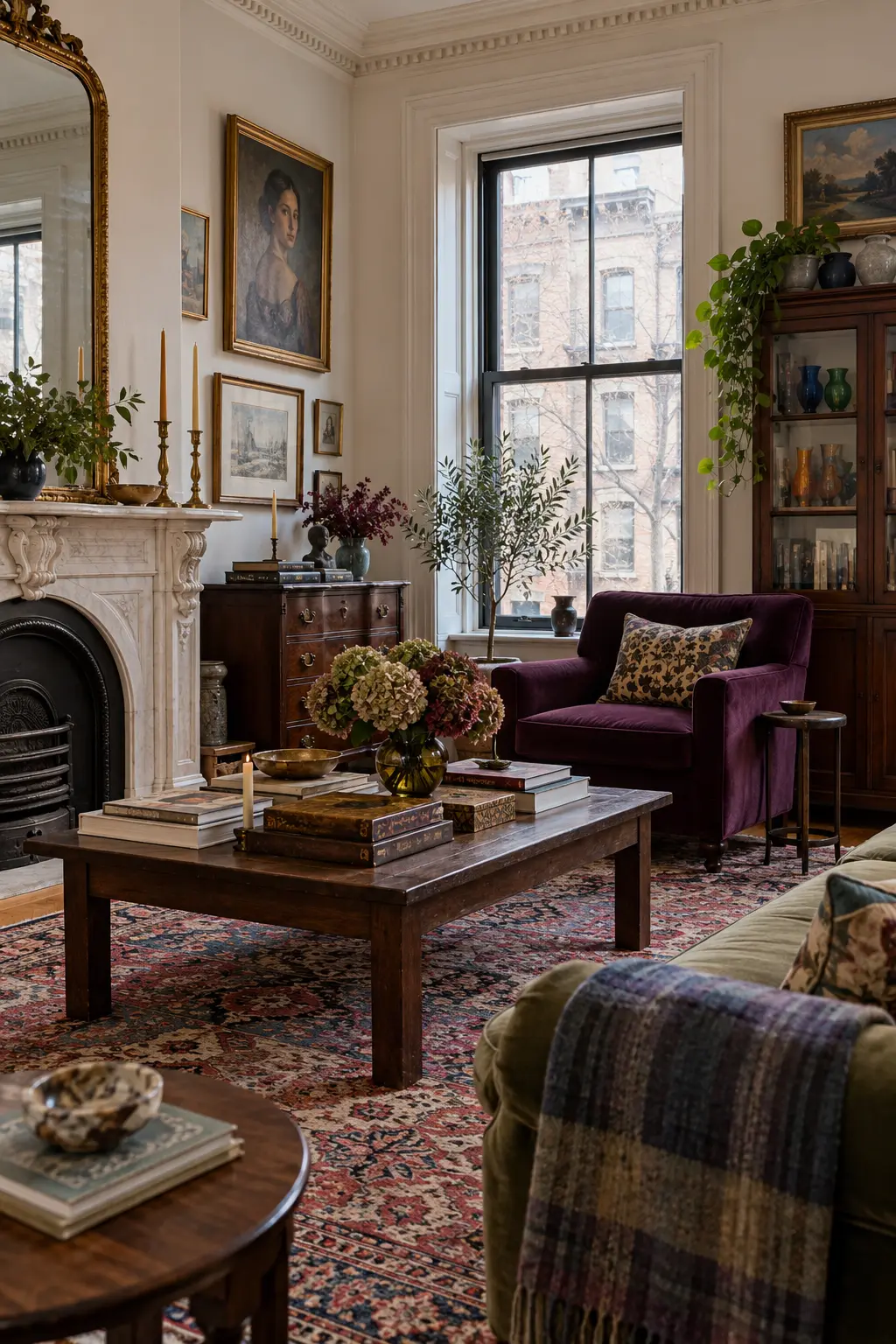 Colorful collected January apartment with vintage art and winter textiles