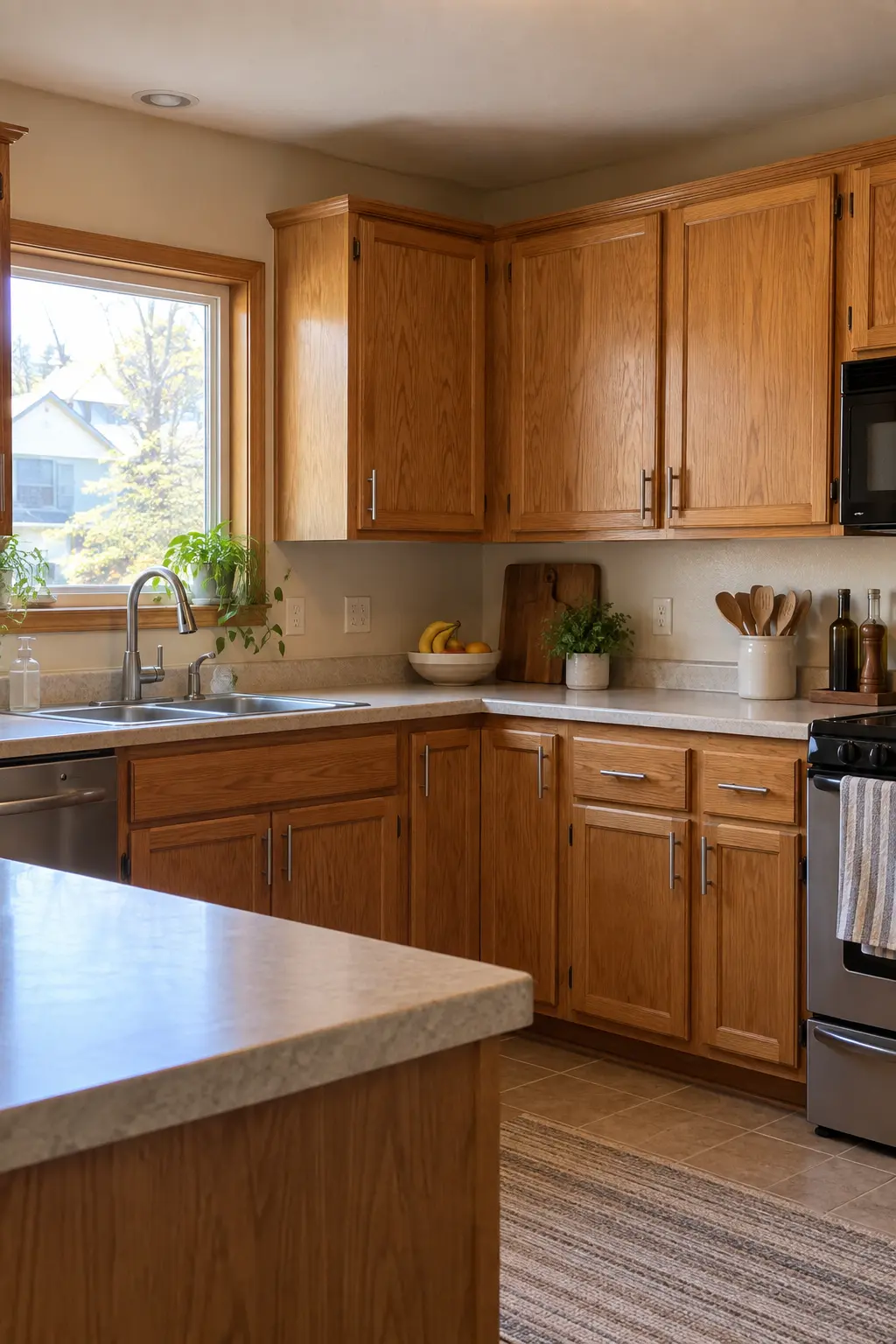 Refreshed honey oak kitchen cabinets with a low-sheen finish and simple metal pulls