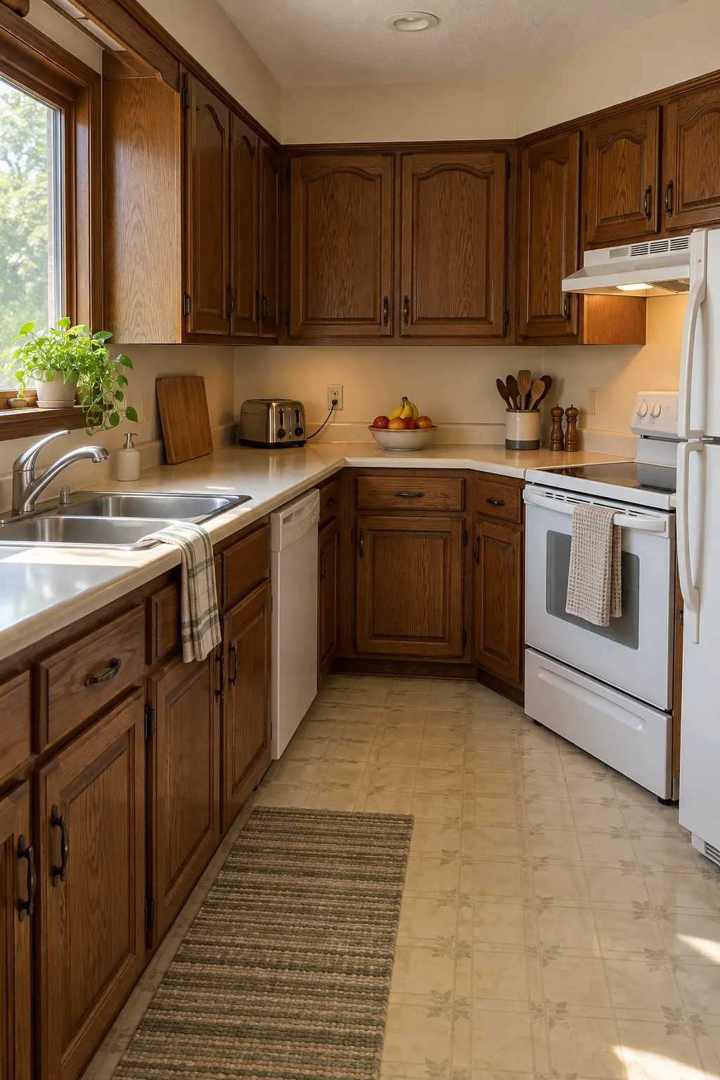 Traditional kitchen cabinets refinished in a medium walnut stain with visible wood grain