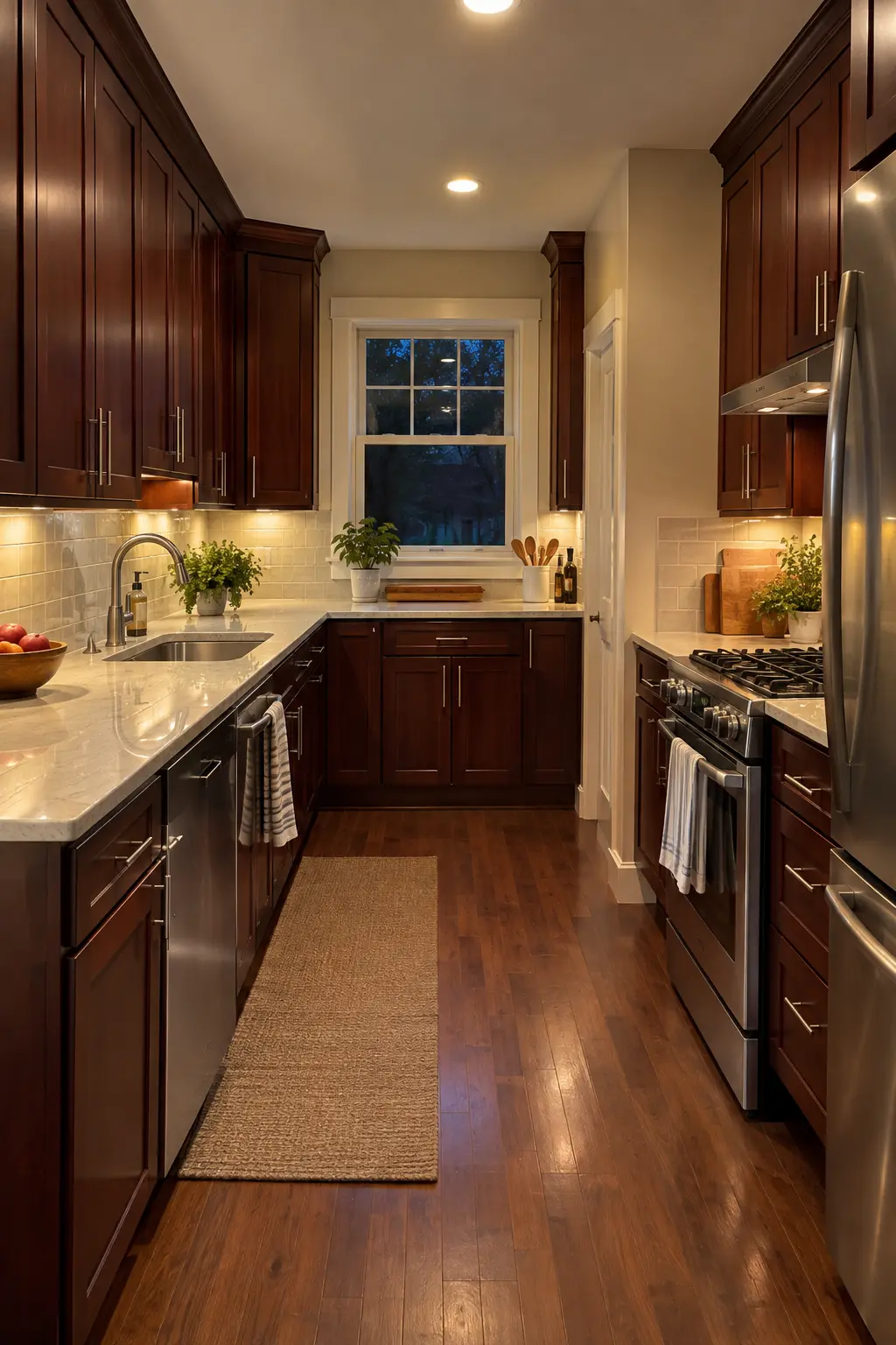 Dark wood kitchen cabinets updated from high gloss to a soft satin sheen