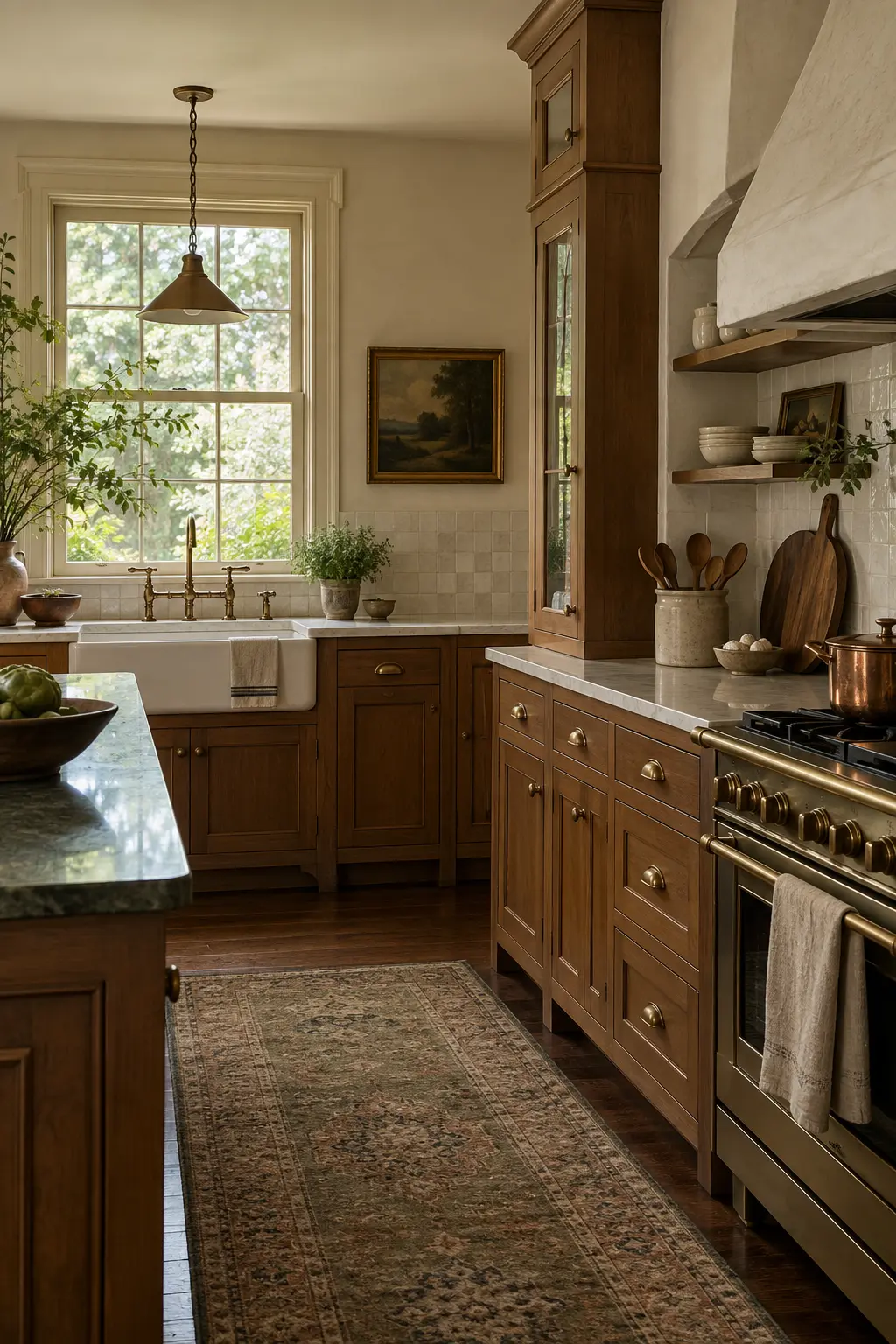 Warm wood cabinets paired with creamy walls, handmade-look tile, and bronze hardware
